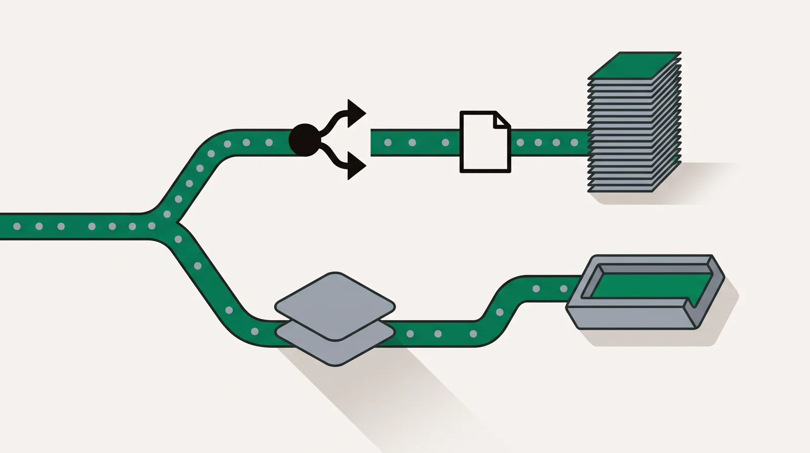 A traffic pipe forking: the upper branch runs through a splitter and a page frame to a tall bar stack, the lower branch runs through shaded map tiles and a plateau curve to one wide channel block.