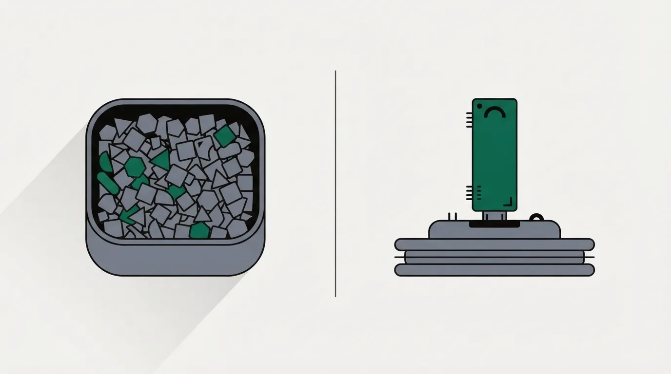 A packed box of many small mismatched tiles beside a slim plug-in module clicking into a larger flat platform base.