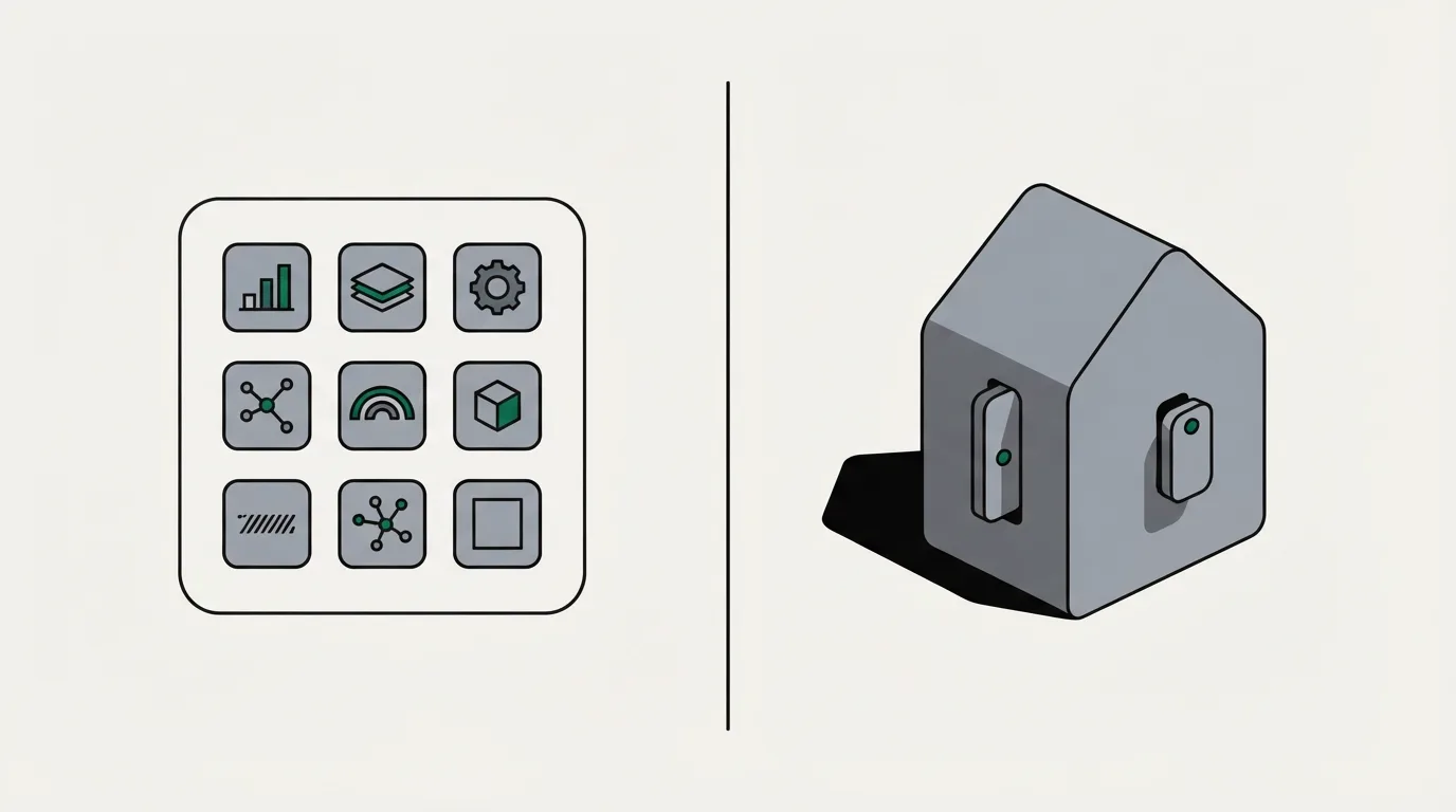 One outlined container holding nine different tiles, beside a large existing block with a slim module sliding into a slot on its side.