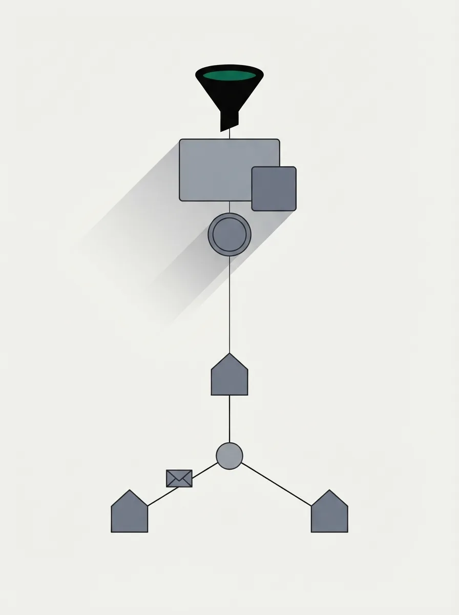 A funnel above a card with an attached tile and a coin at the top, three small houses linked to a central hub at the bottom.