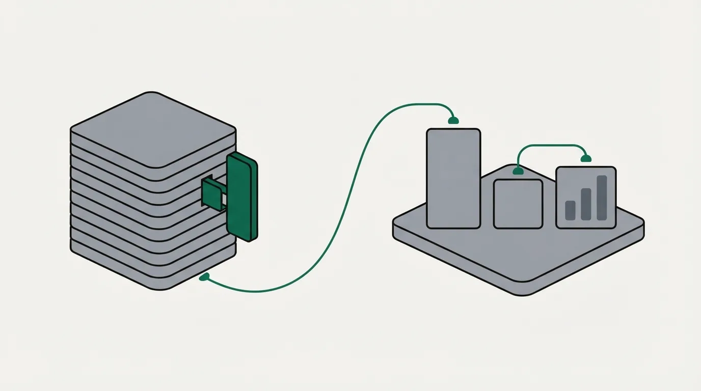 A stack of slabs with a plug-in module slotted into its side, beside one wide platform slab carrying three blank tiles joined by a thin line.