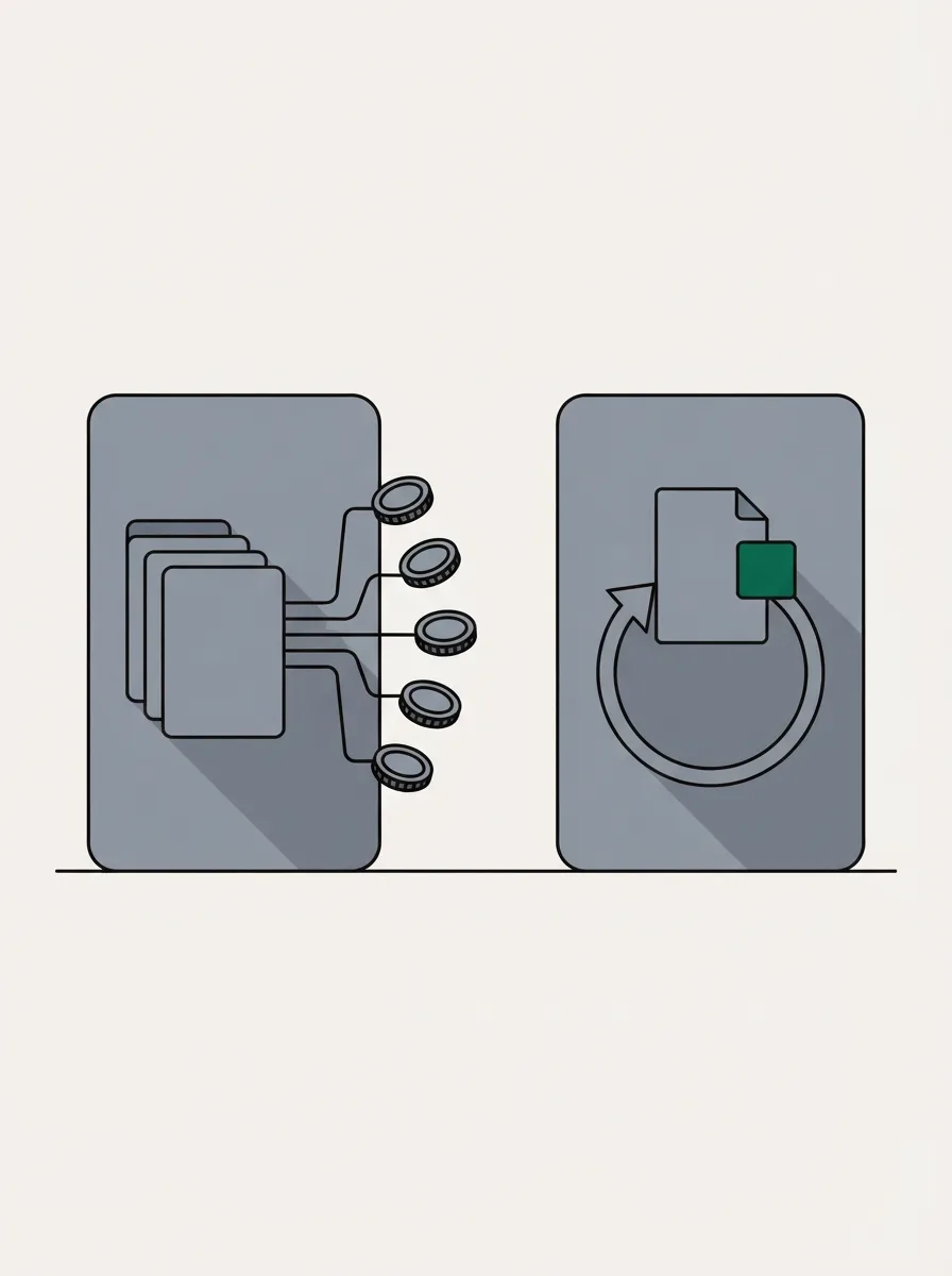 Two tall panels side by side: one a stack of cards wired out to several round payment nodes, the other a single page with an attached tile and a loop arrow for repeat billing.