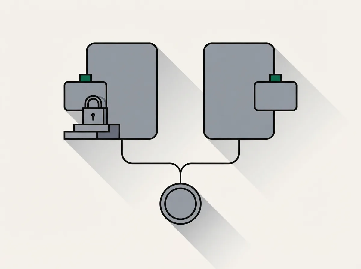 Two order-form cards side by side, one with its add-on tile behind a raised gate and one with the add-on attached directly, both linked to a single coin.