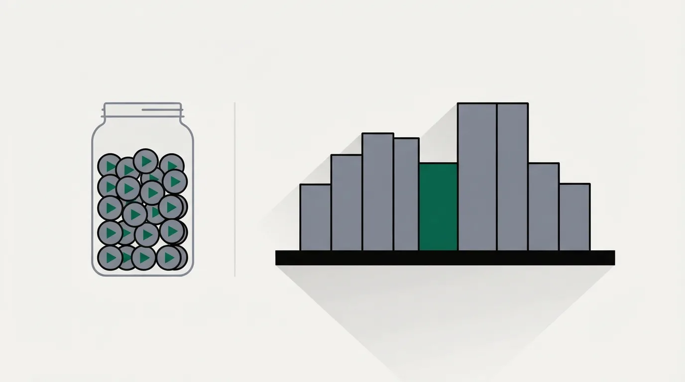 A simple diagram of two meters: a stack of play-button discs filling a narrow jar on the left, and a row of storage blocks filling a wide shelf on the right, on a pale paper ground.