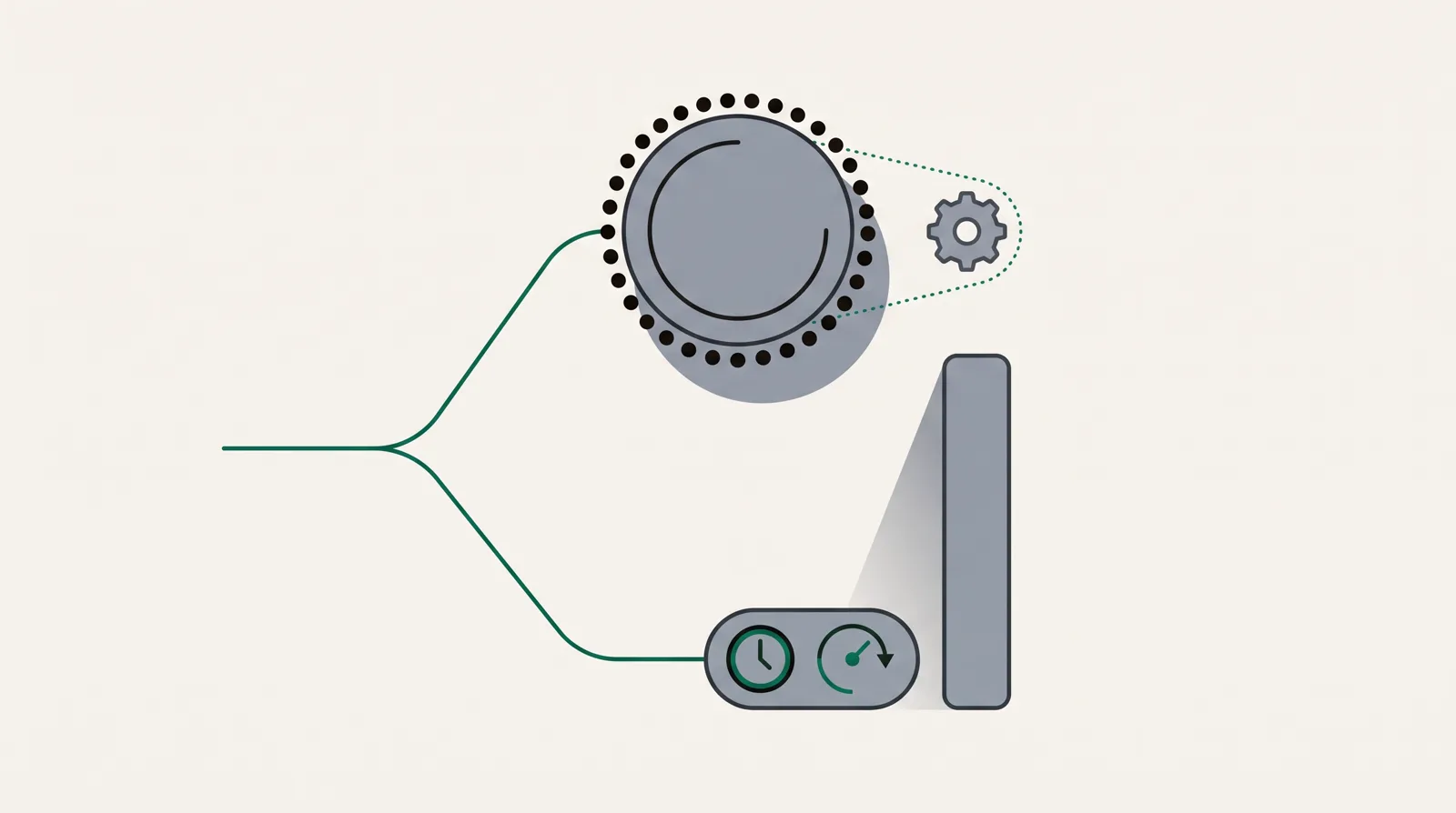 A traffic pipe forking: the upper branch to a large routing hub ringed by small dots with a separate detached gear module beside it; the lower branch to a compact hub with a clock and self-turning dial feeding a tall conversion bar.