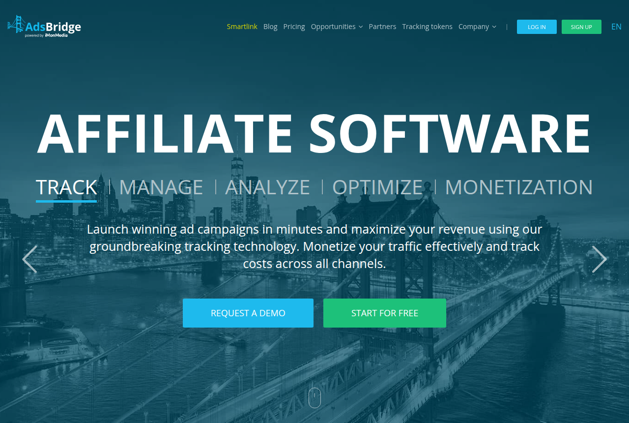 AdsBridge home page headed 'Affiliate Software', describing campaign tracking, traffic management, reporting and optimization.