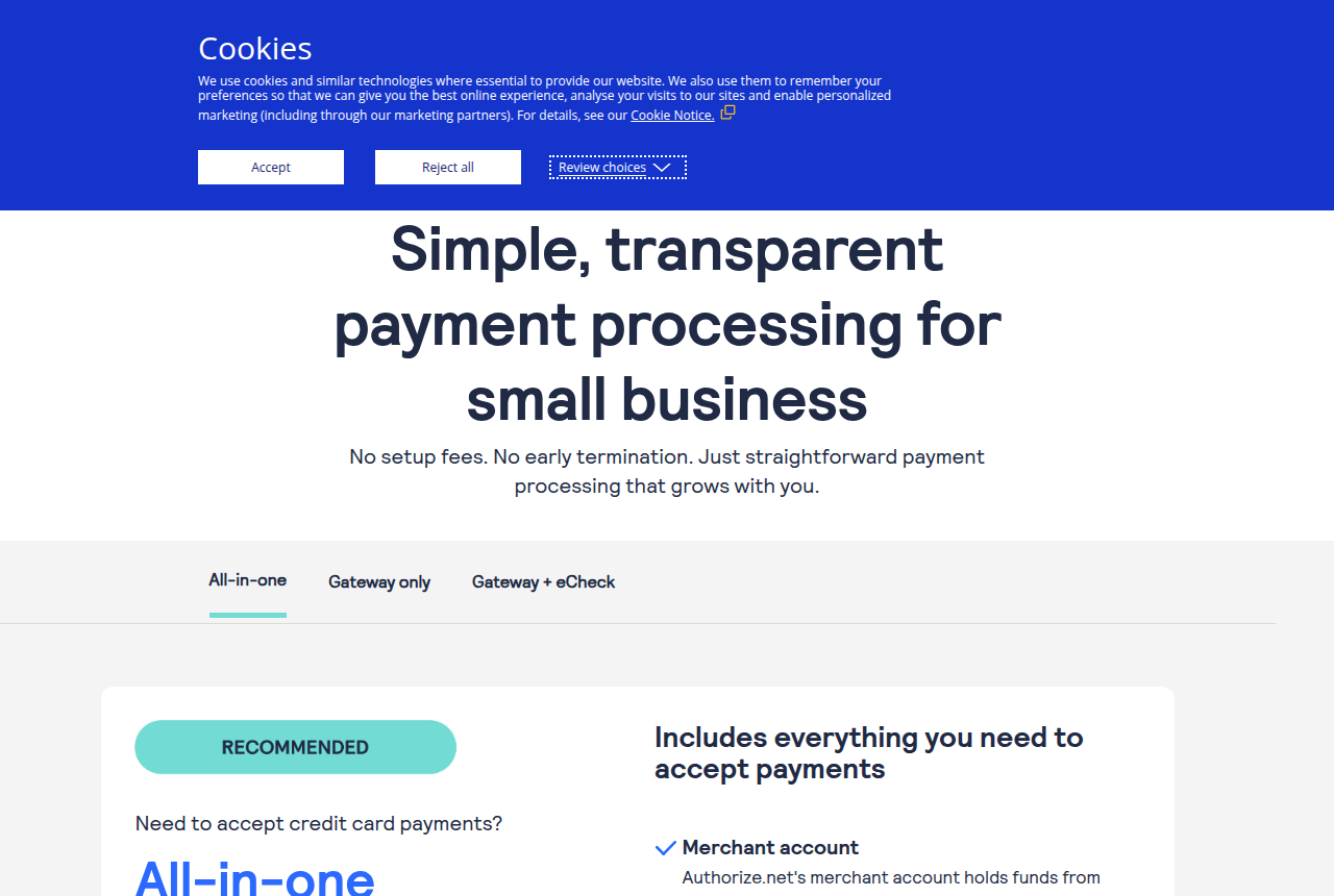Authorize.net pricing page header with its navigation and plan options