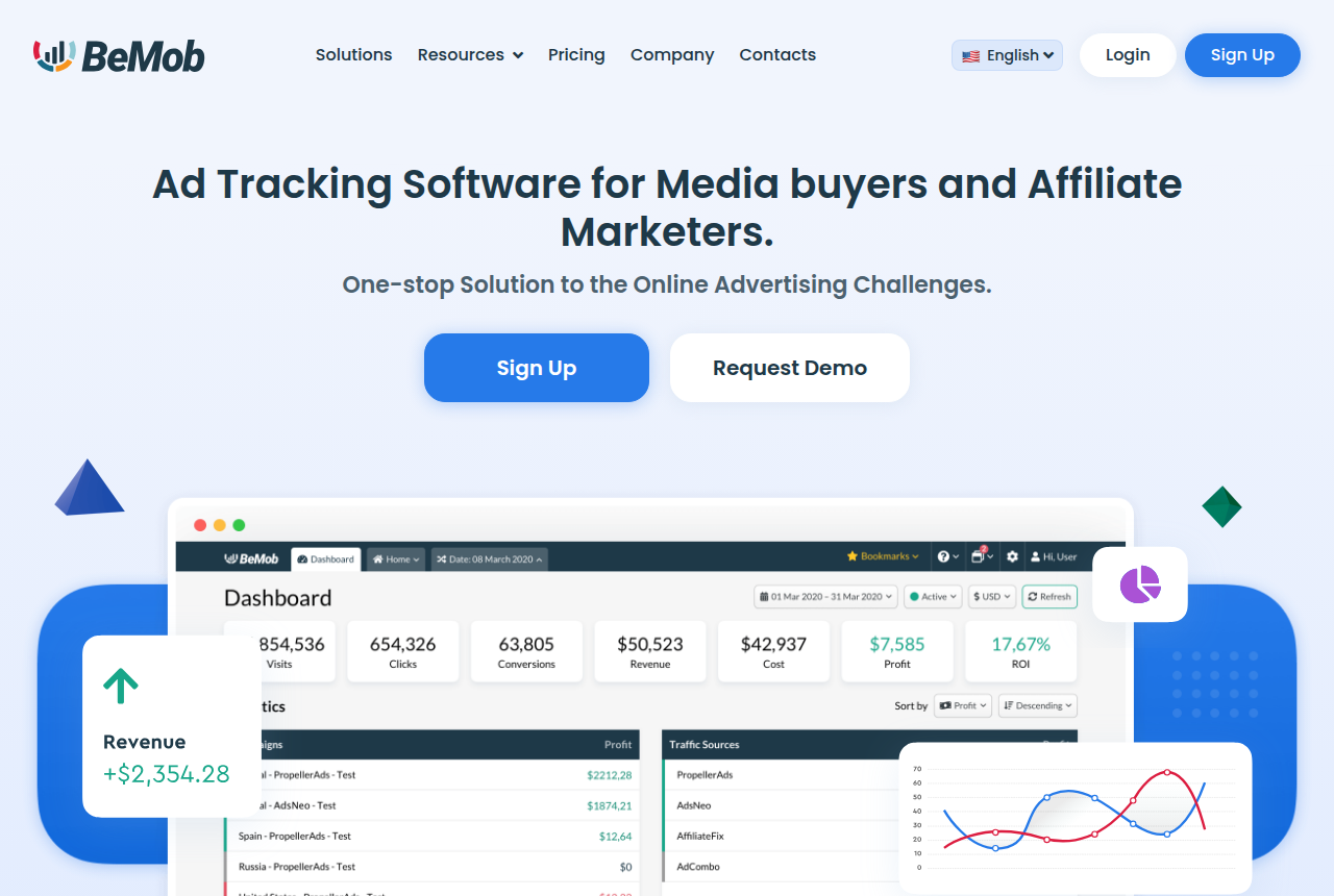 BeMob home page with the headline 'Ad Tracking Software for Media buyers and Affiliate Marketers' and Sign Up and Request Demo buttons.
