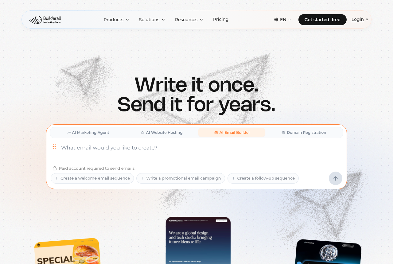 Builderall home page headed "Expert advice on how to grow", showing its one-platform pitch with AI website, email and marketing tools.