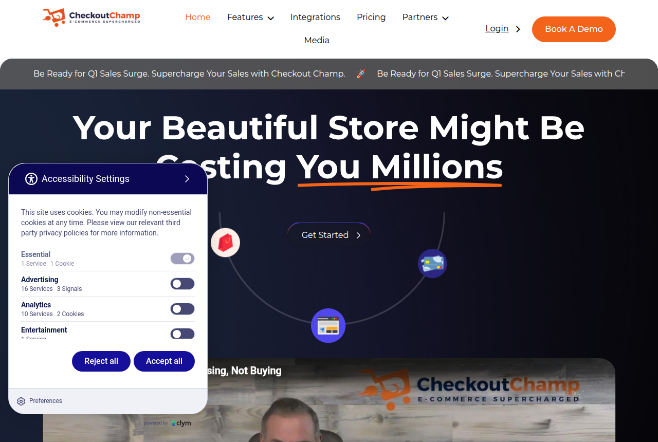 Checkout Champ home page headed "Your Beautiful Store Might Be Costing You Millions", pitching funnel checkout pages that replace a standard Shopify or WooCommerce store checkout.