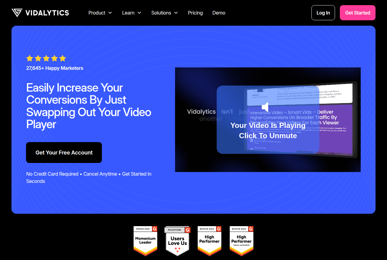 Top of the Vidalytics homepage, with the site header and the opening pitch for sales-video hosting